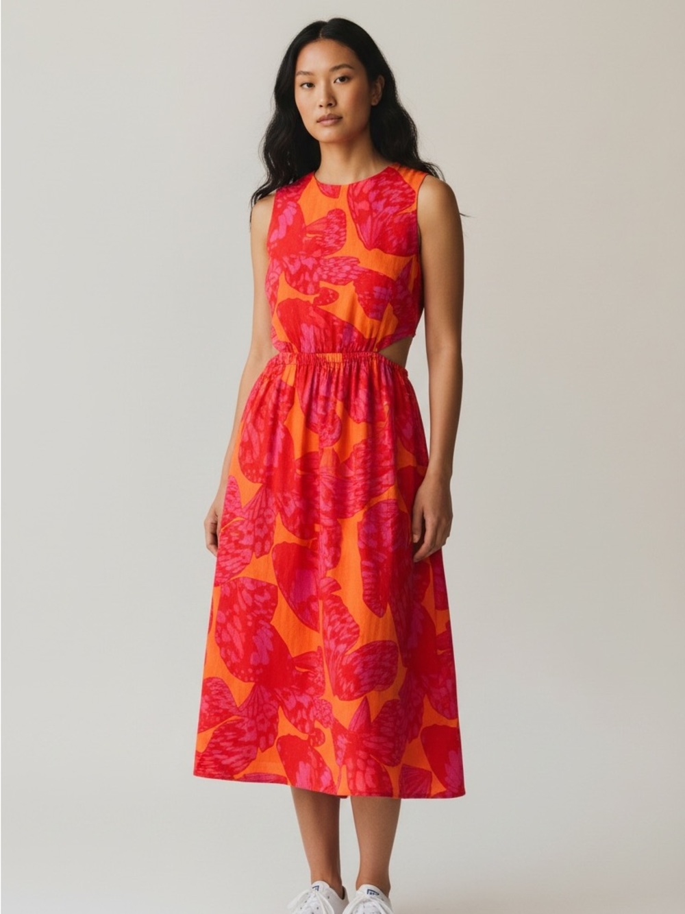 Scoop Orange and Pink Linen Sleeveless Midi Dress Size M 8-10